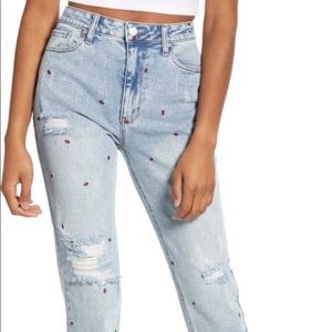 Tinsel Embroidered Distressed Straight Leg Jeans